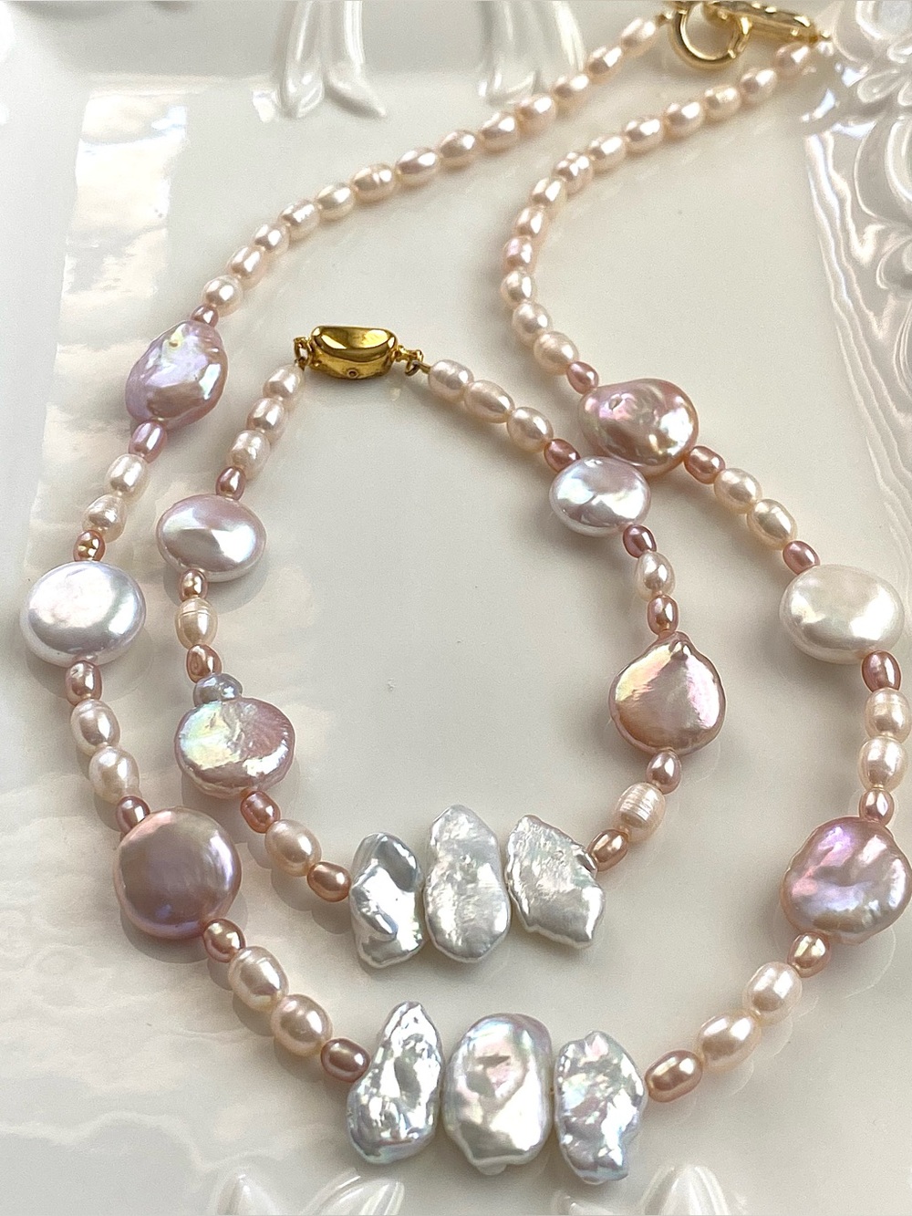 S69-Pink Coin Pearl And Blue Lister Keshi PeaRl Necklace And Bracelet Set